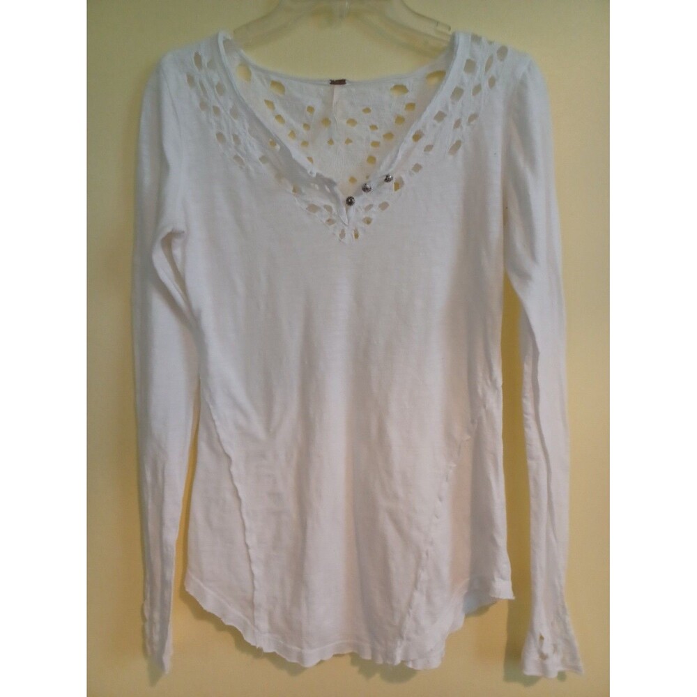 Free People white cut-out knit henley top XS raw edges boho indie hippie T-shirt
